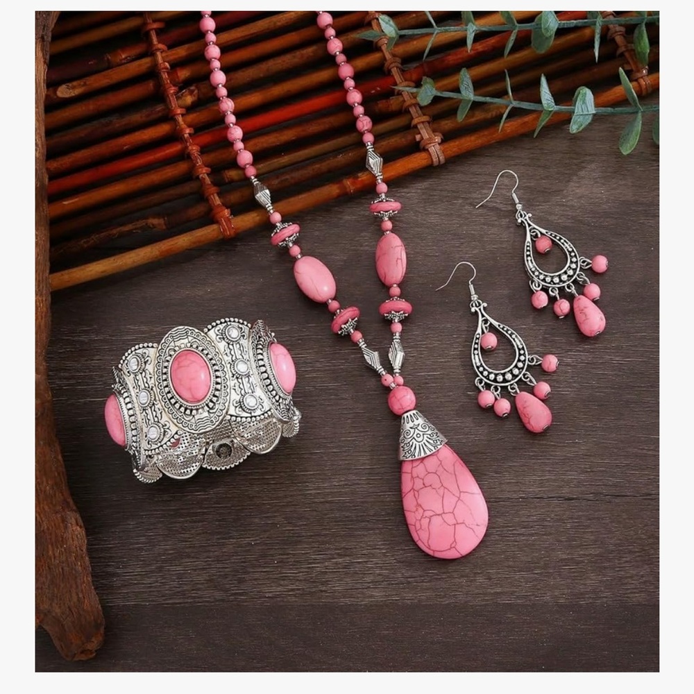 🆕 Bohemian Pink Stone Necklace, Bracelet & Earring Set